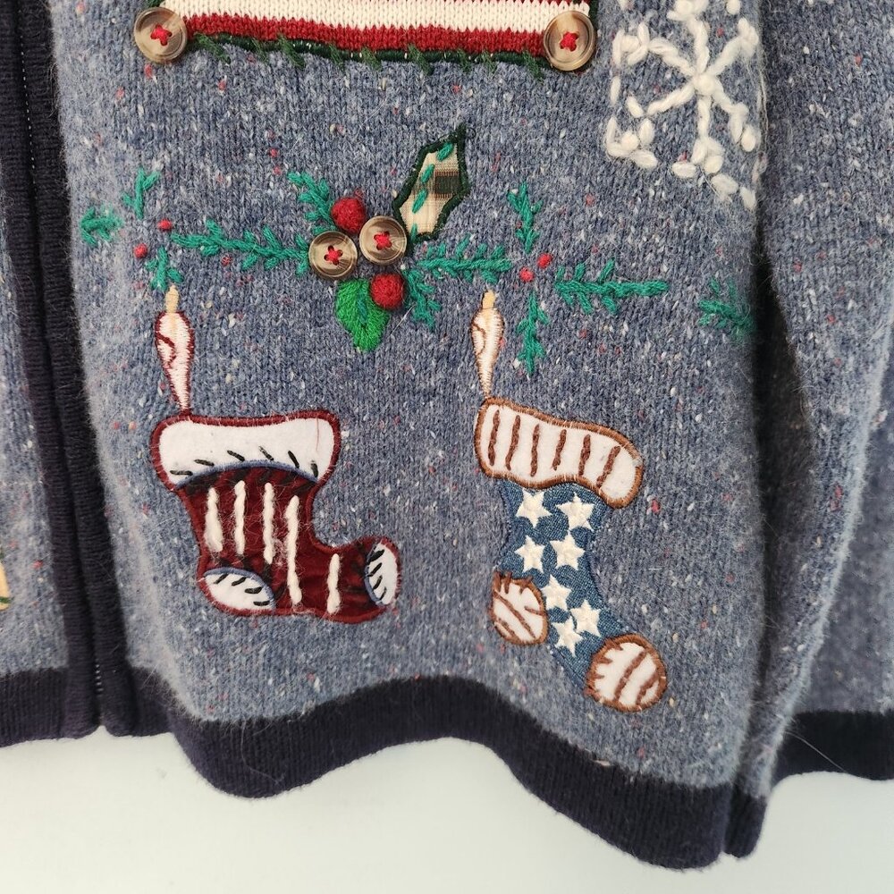 OHI Folk Christmas Sweater Full Zip Country Birds Patriotic US Flag Large EUC - Picture 7 of 16